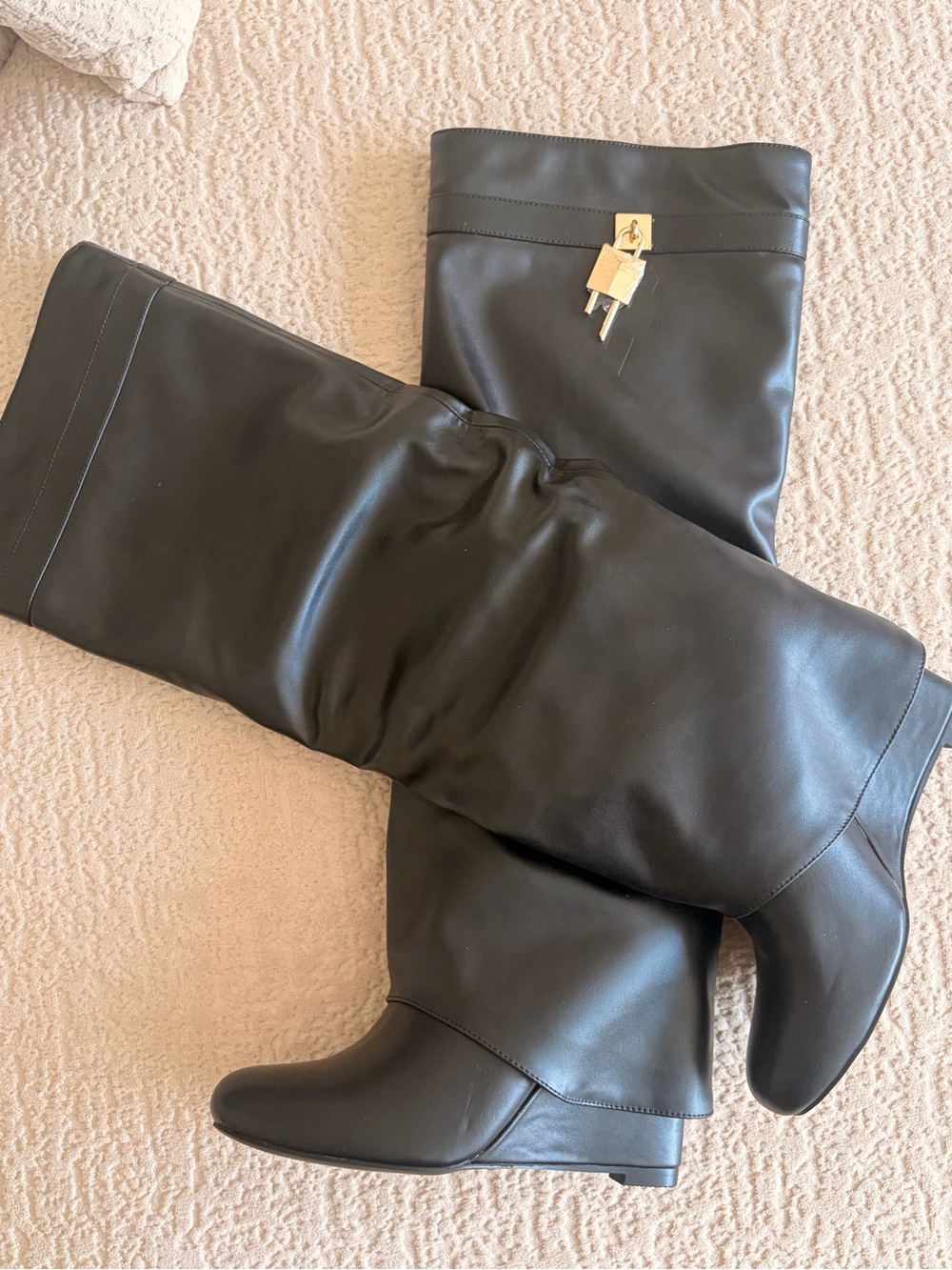 Black Leather Knee Boots with Gold Padlock Accent